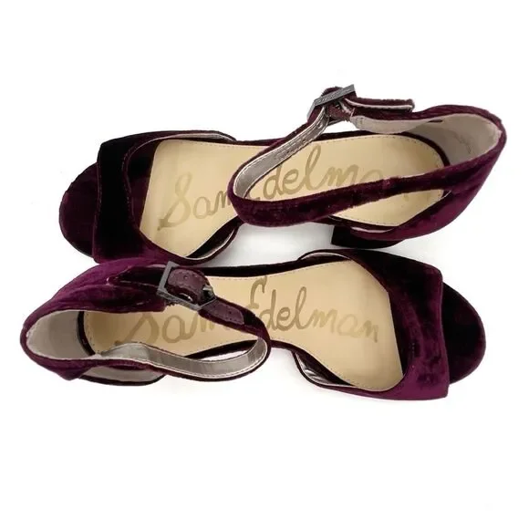 Sam Edelman Susie Velvet Block Heel Ankle Strap Sandals Burgundy Maroon Size 6.5 - Picture 10 of 13